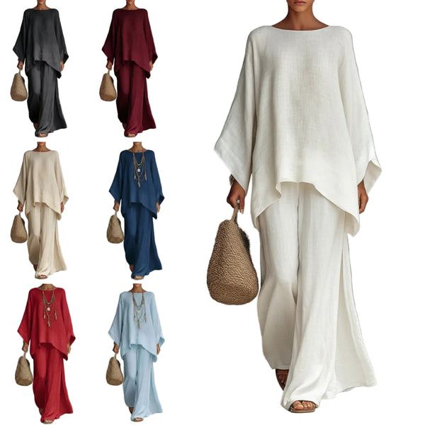 Women's Minimalist 2-Piece Set — Relaxed Fit Long-Sleeve Top & Wide-Leg Pants