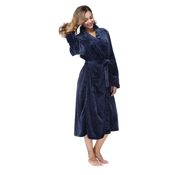 Solid Color Collar Robe For Women In Navy Blue