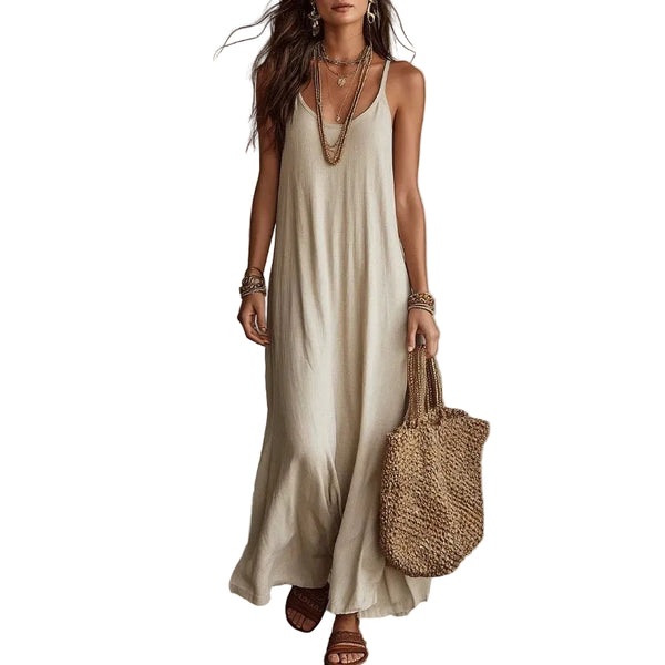 Womens Bohemian Loose-Fit Solid-Color Dress