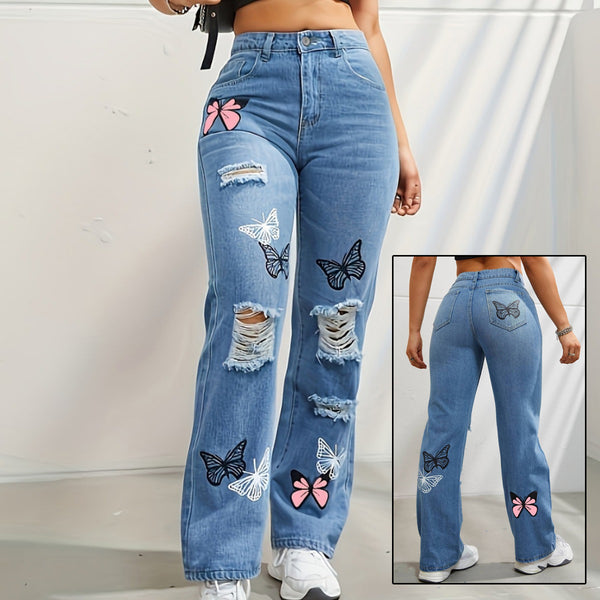 Women's High-Waisted Butterfly Print Straight Leg Jeans