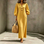 Women's Puff Sleeve V-Neck Maxi Dress | A-Line Button Detail thumbnail 6