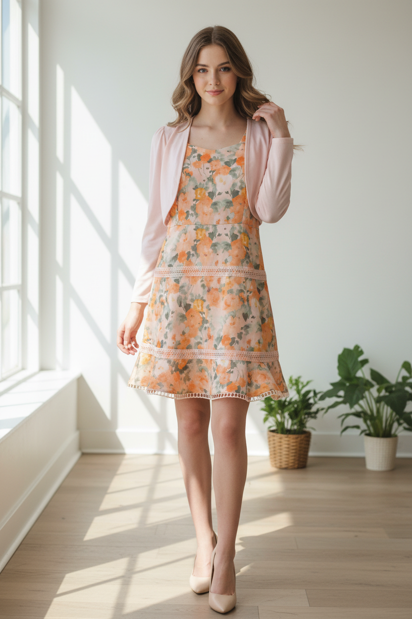 Floral Dress with Pink Bolero