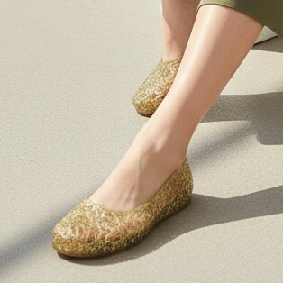 Gold Glitter Jelly Flats - Asian Woman