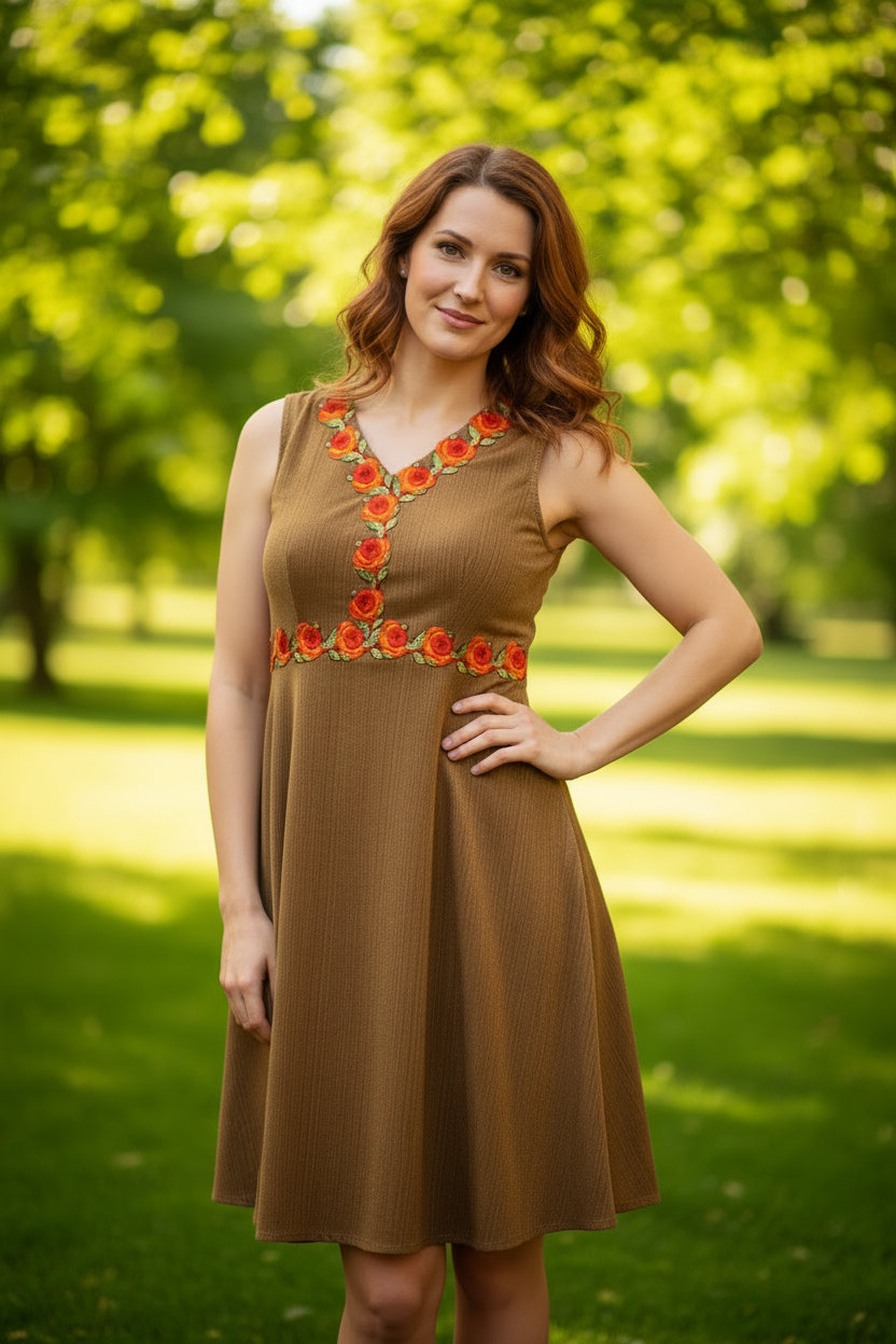 Golden Brown Floral Dress - Summer Scene