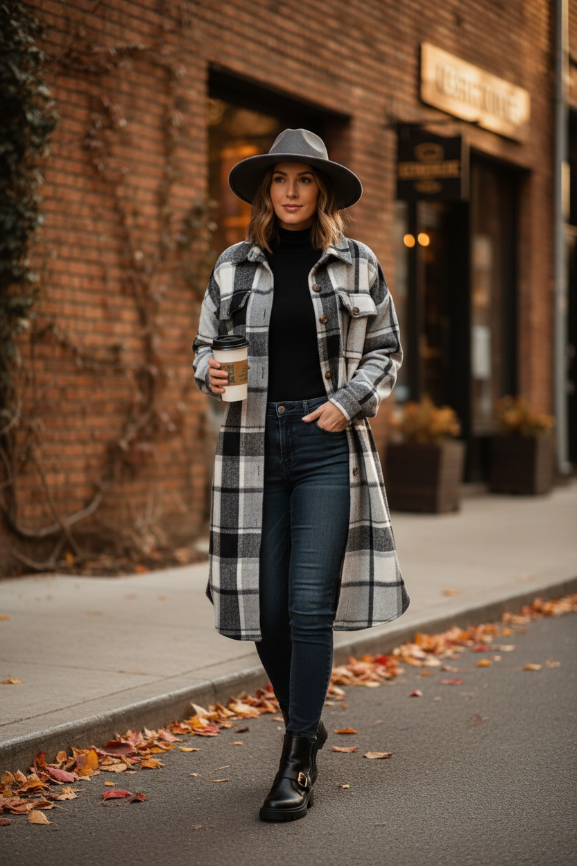 Grey Plaid Shacket - Hip White Woman with Hat