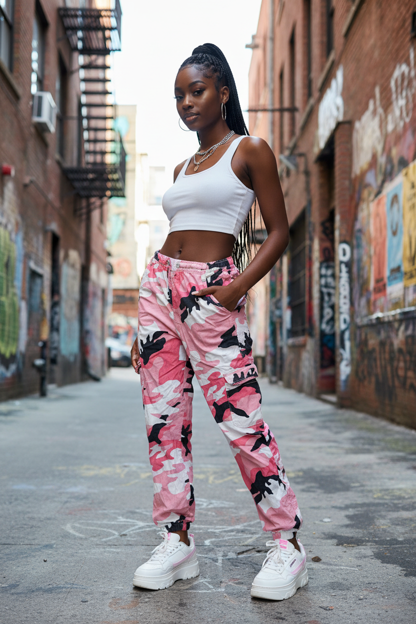 Pink Camo Cargo Jogger Pants - Black Young Adult Streetwear