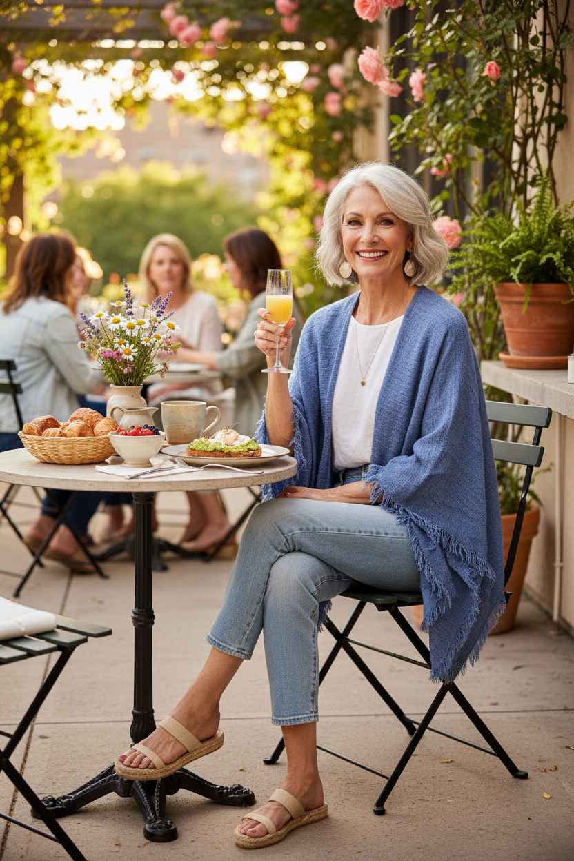 Older white woman wearing blue fringe kimono cardigan at brunch