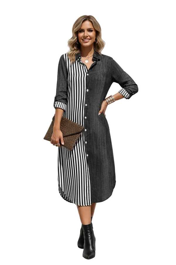 Striped Color Block Shirt Dress | Long Sleeve Casual Midi