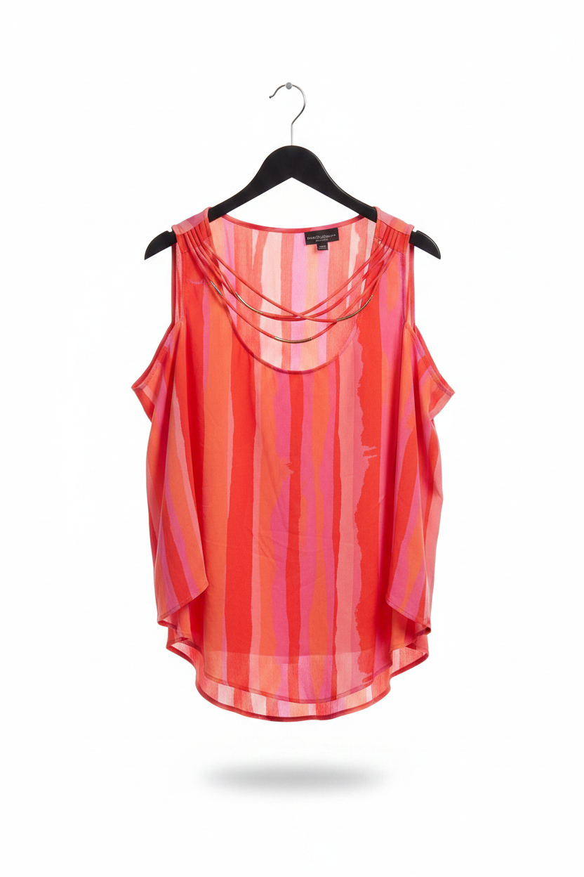 Coral stripe cold-shoulder top on hanger with clean white background