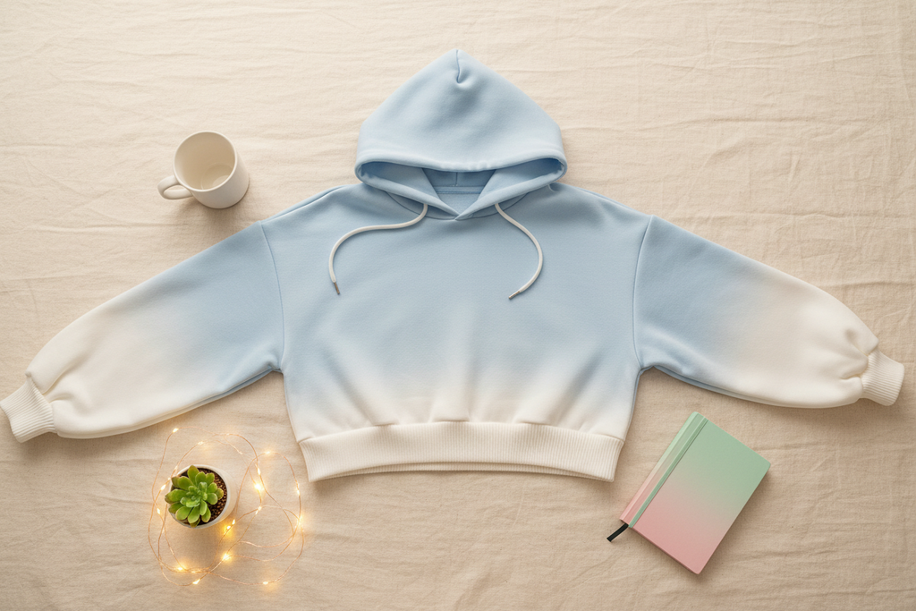 Gradient blue-to-white oversized hoodie flat lay styled with mug, succulent, and journal on cream linen