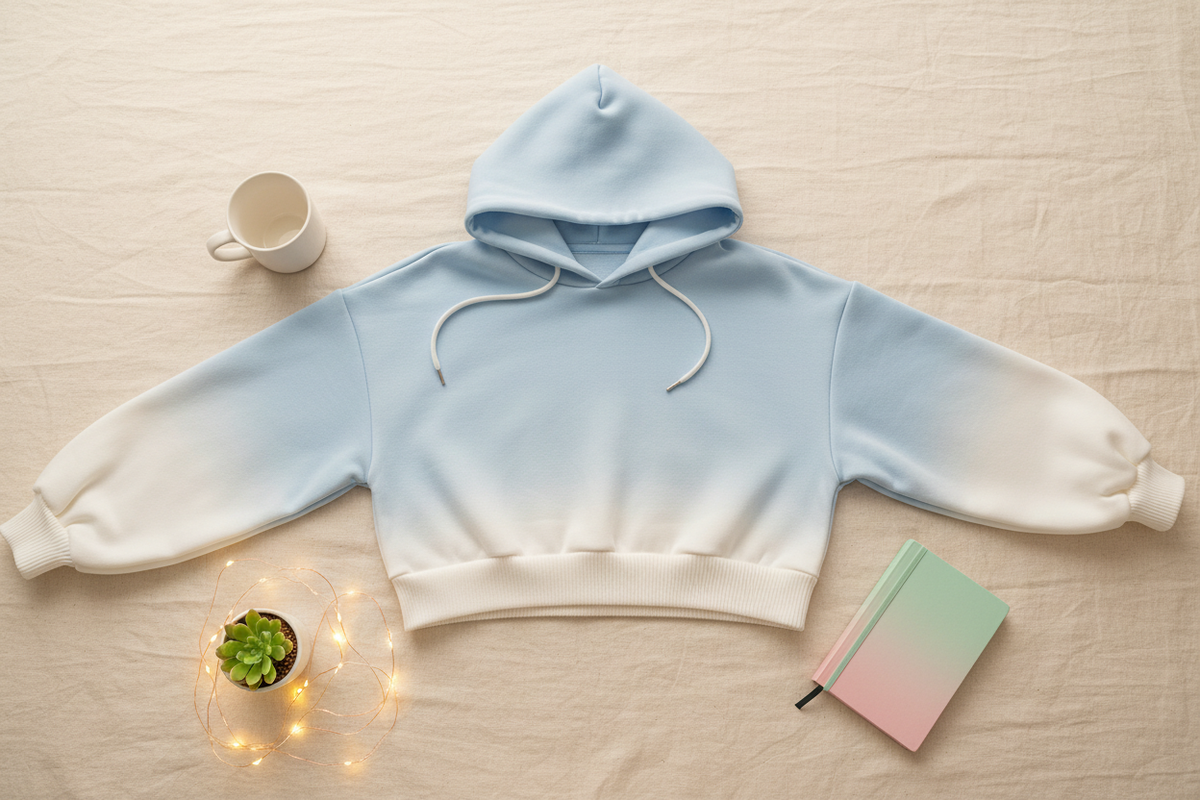 Gradient blue-to-white oversized hoodie flat lay styled with mug, succulent, and journal on cream linen