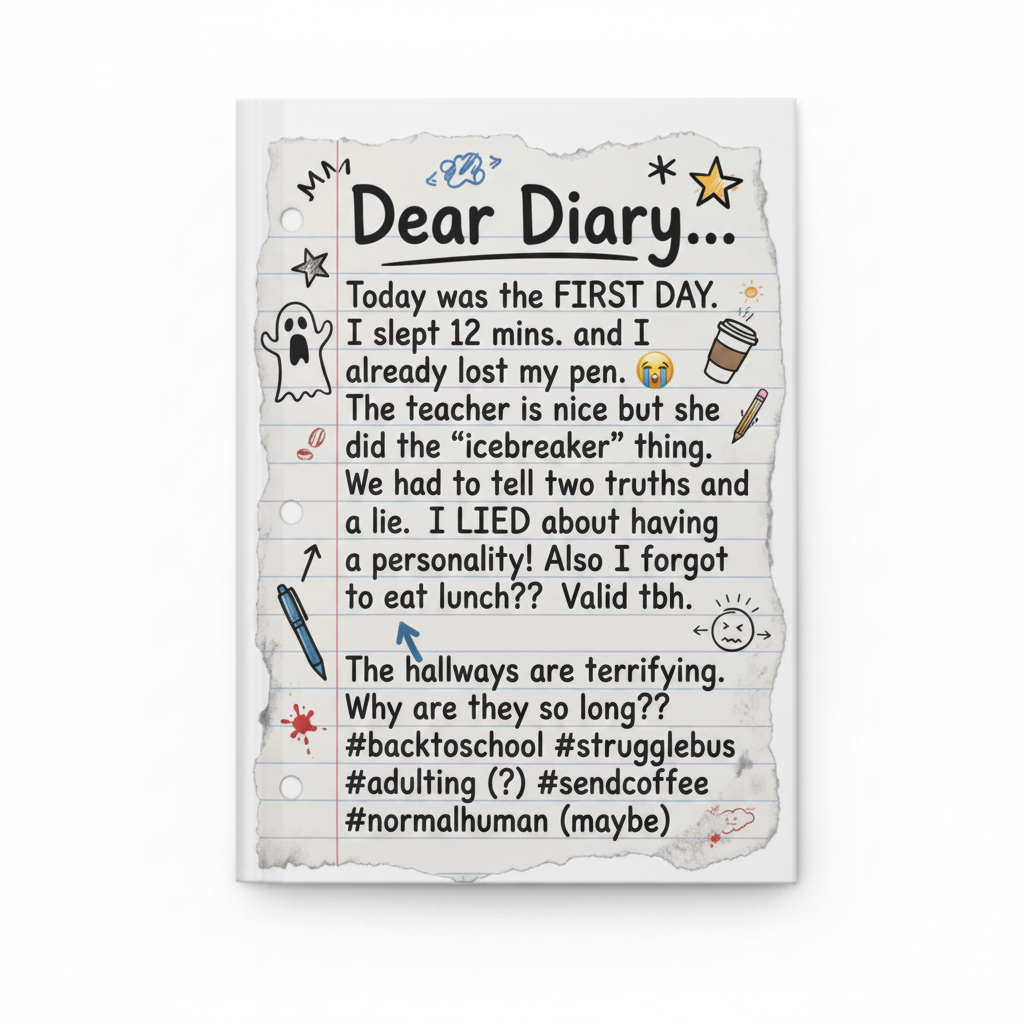 Dear Diary back-to-school journal cover with ghost, stars, coffee cup and colorful doodles on torn notebook paper