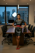 Black woman boss with pixie cut wearing black leather dress with red belt, red heels and gold accessories