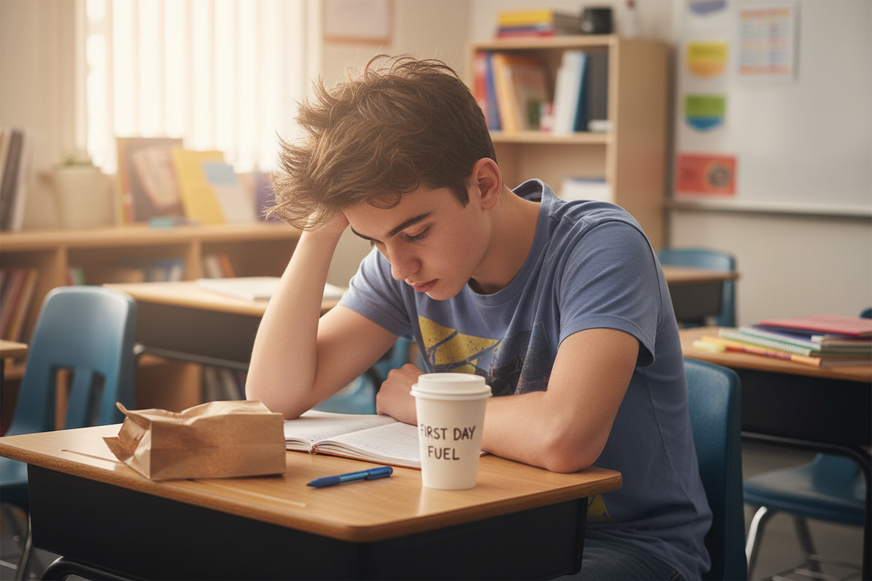 Exhausted teen student slumped at school desk writing in Dear Diary journal on first day of school