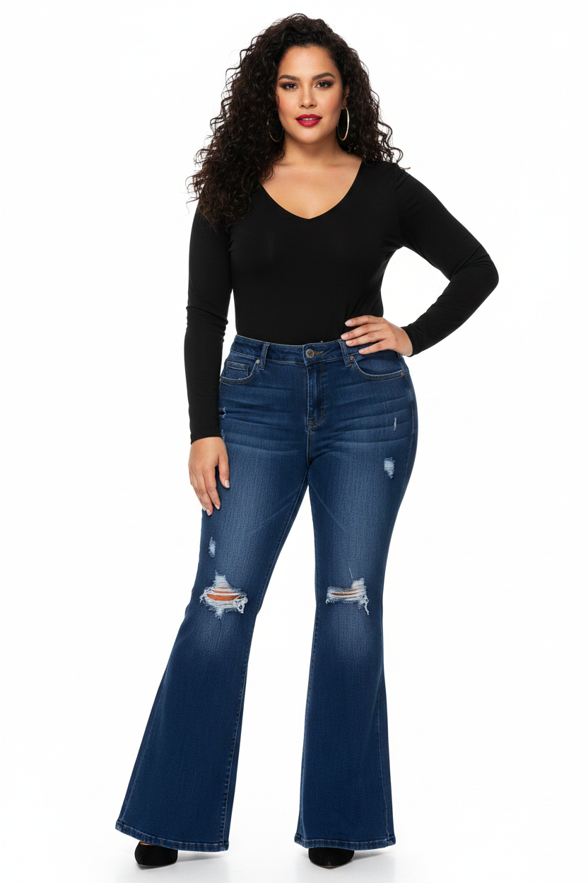 Plus size Latina woman wearing distressed dark wash flare jeans