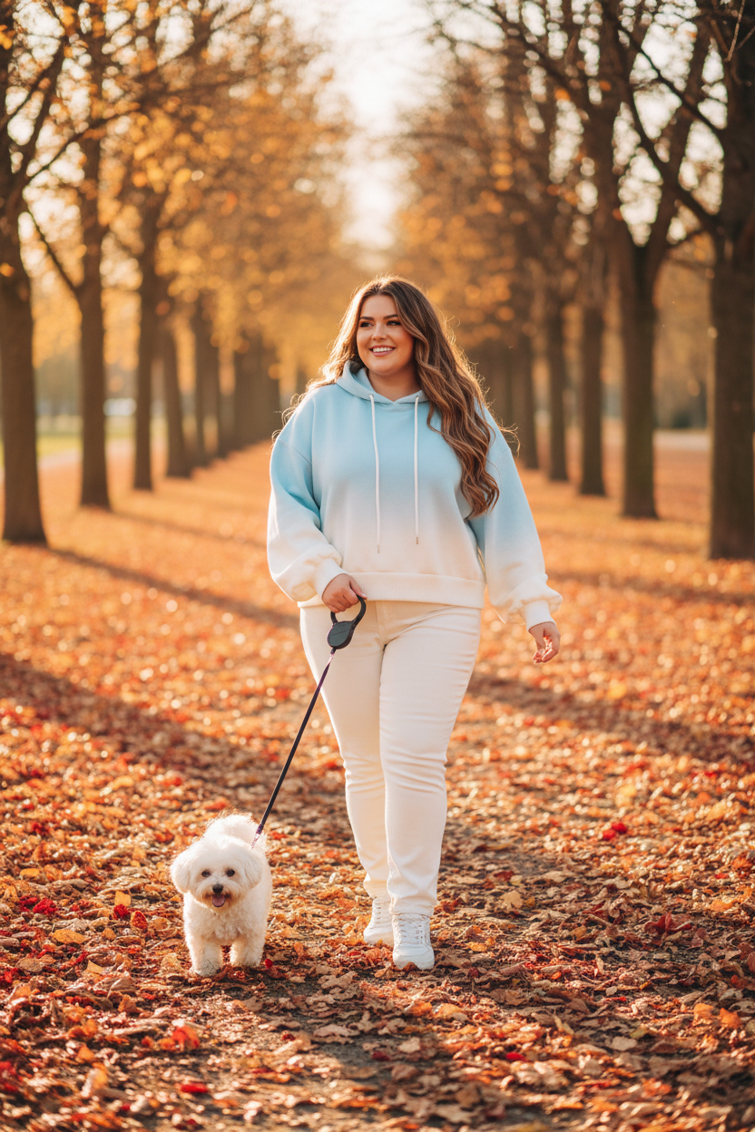 Curvy woman in gradient blue hoodie walking outdoors on autumn path with fluffy dog on leash
