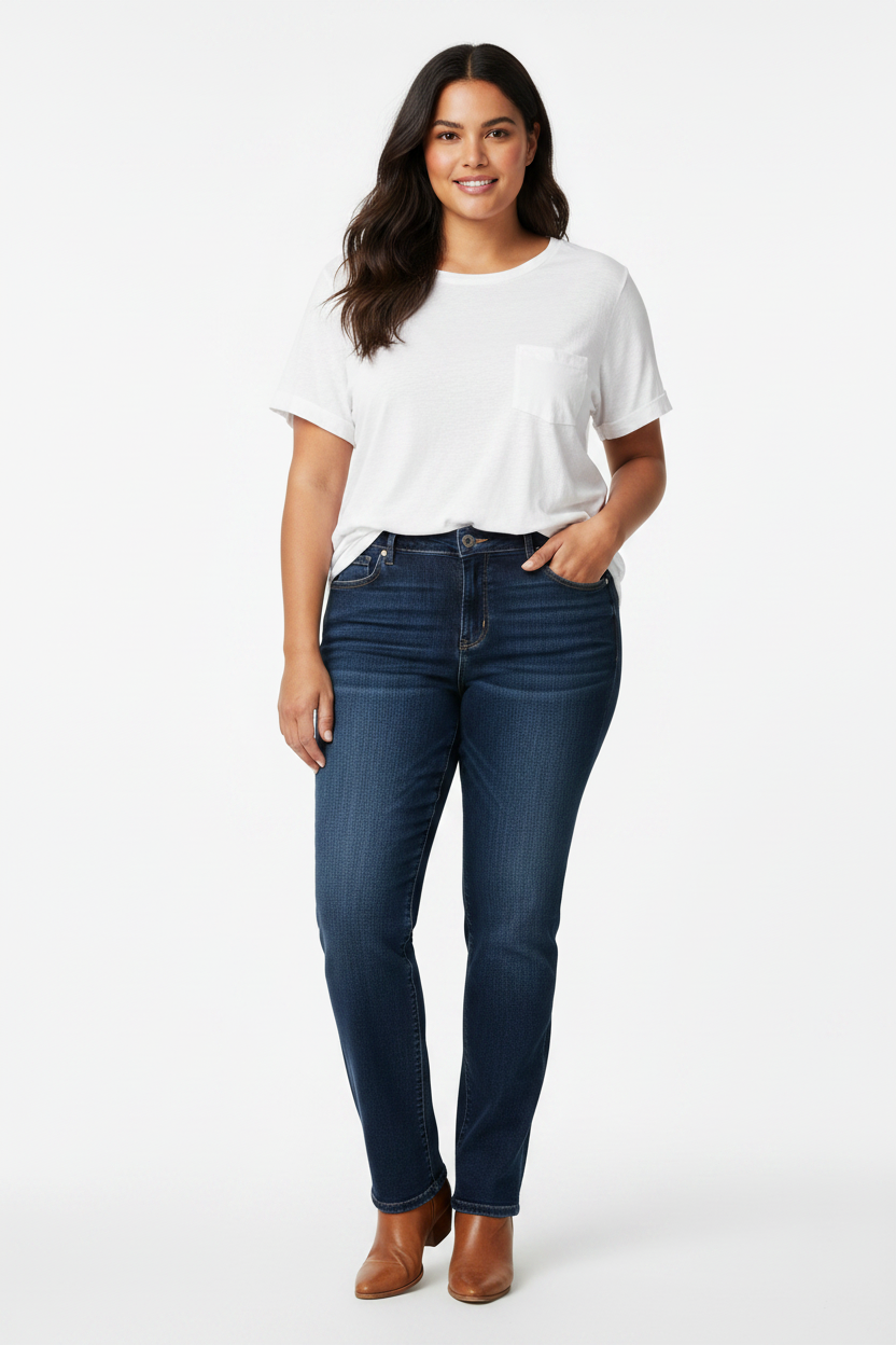 Women's dark wash straight leg jeans on white background