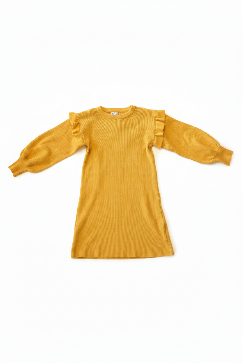Mustard yellow ruffle sweater dress on white background