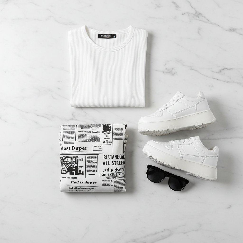 Black and white newspaper print jogger pants styled flat lay with white tee and sneakers