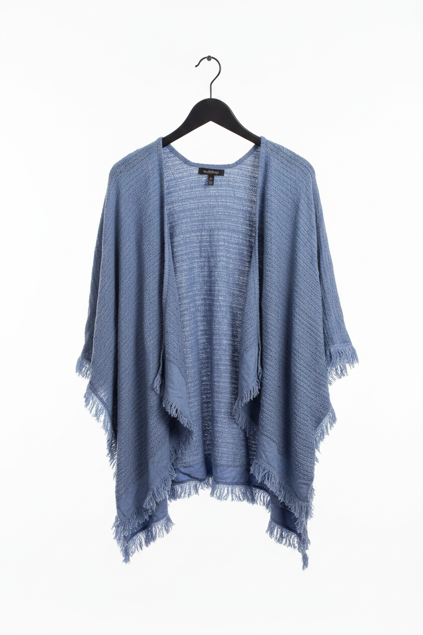 Blue fringe kimono cardigan on hanger with clean white background