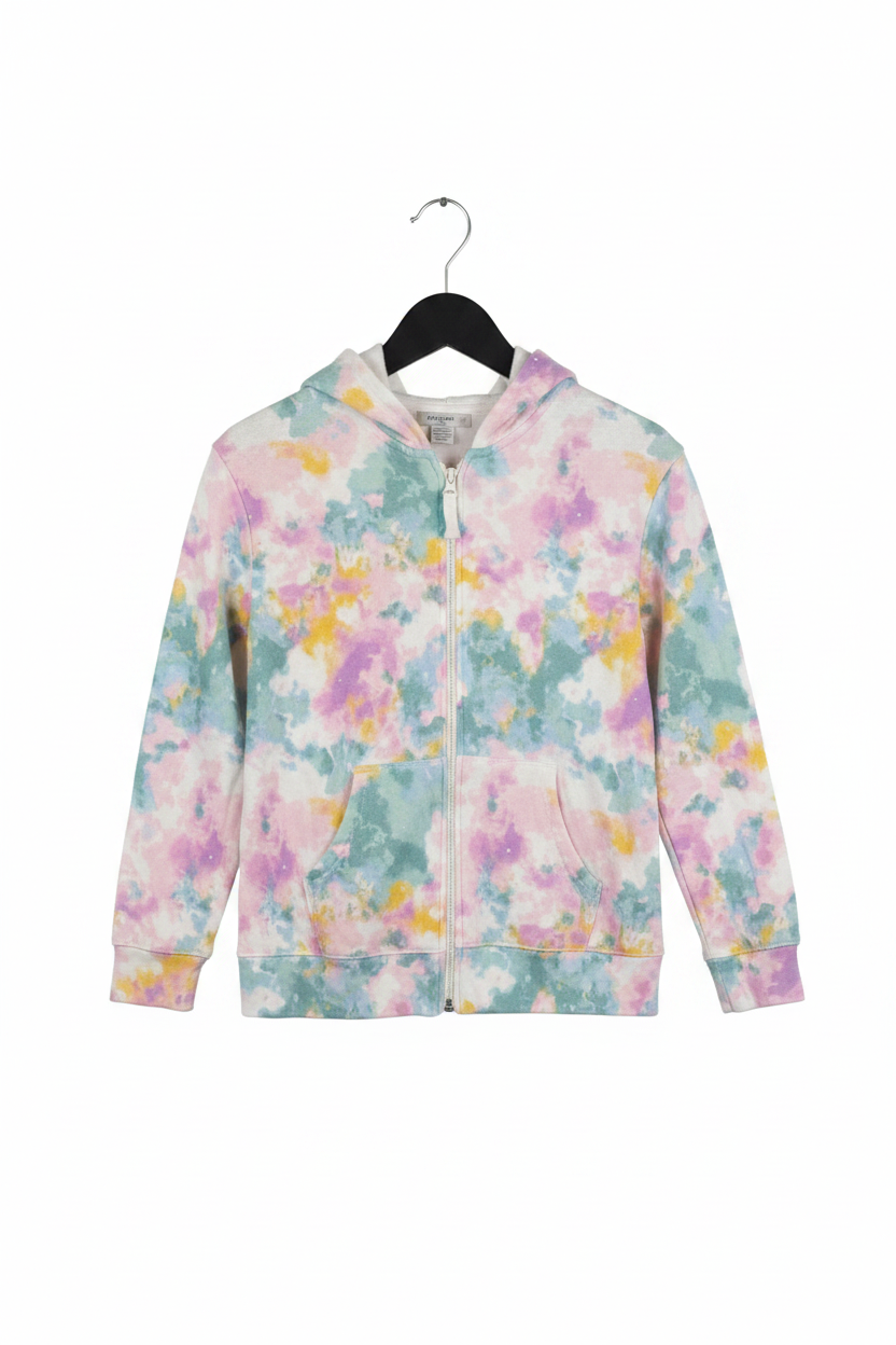 Pastel tie-dye zip-up hoodie on white background