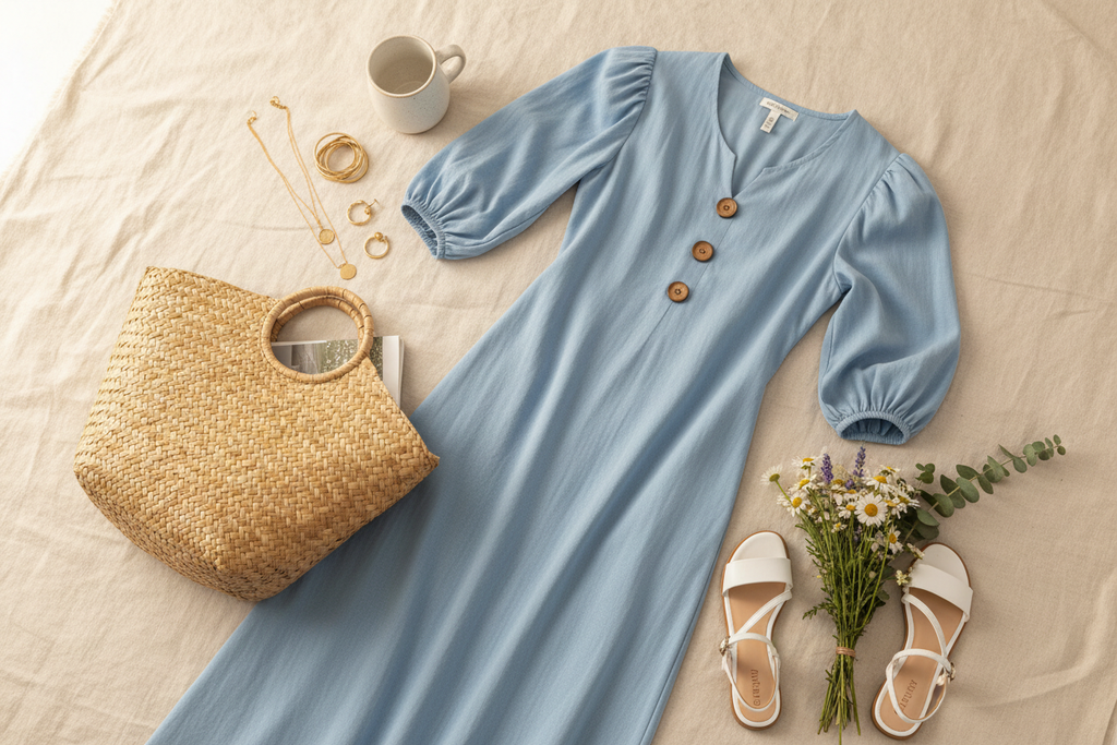 Light blue puff sleeve maxi dress flat lay styled with straw bag, gold jewelry, sandals, and wildflowers on cream linen