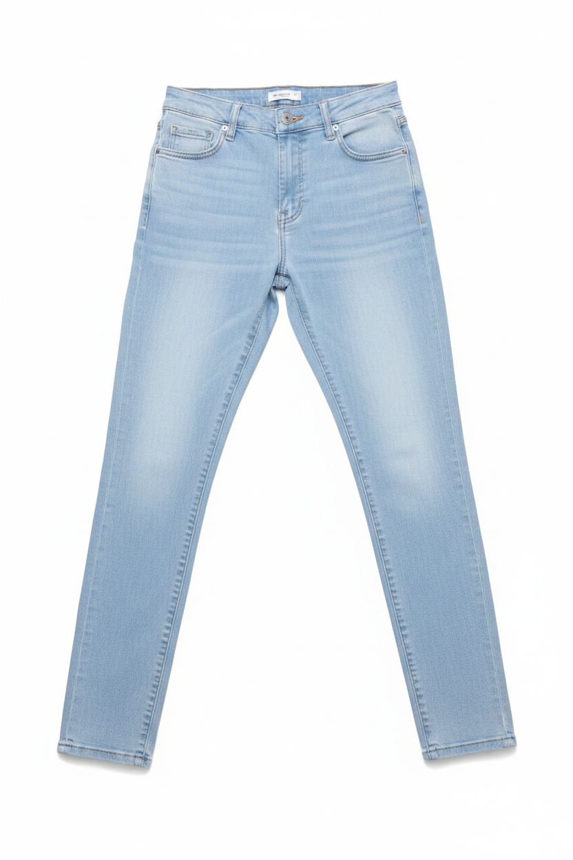 Light blue high-waist skinny jeans on white background