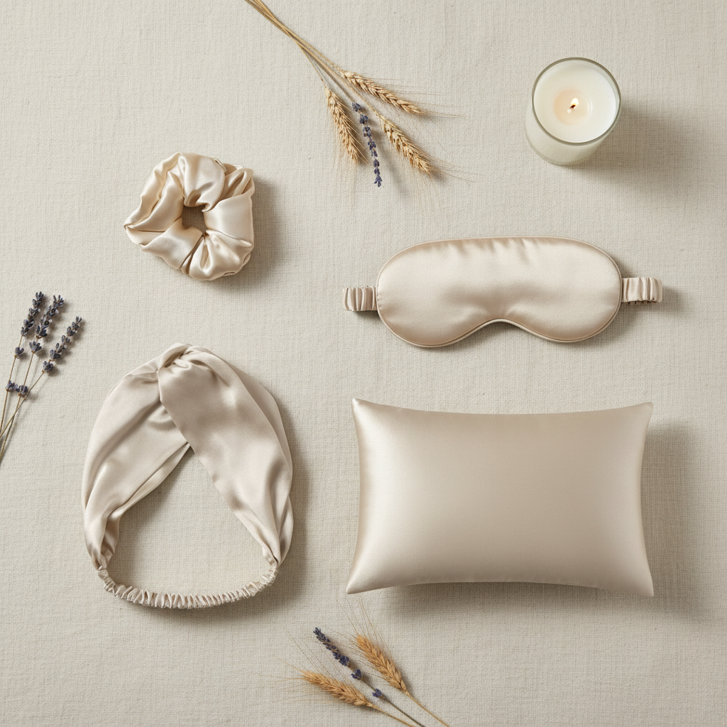 Champagne satin sleep set flat lay with eye mask, scrunchie, headband, and pillowcase on cream linen with dried flowers and candle