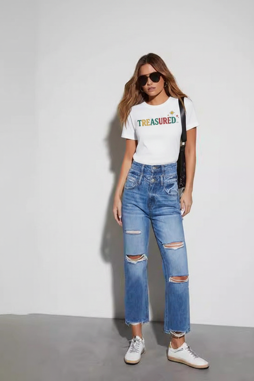 Womens Casual Long Denim Jeans With Rips