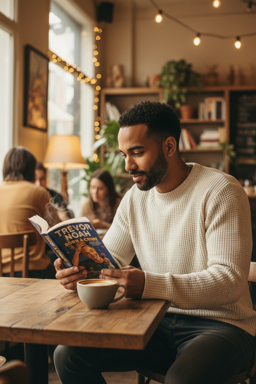 Mixed Race Man Reading at Coffee Shop