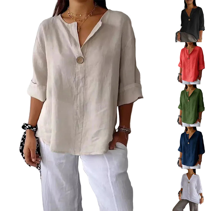 omen's V-Neck Long Sleeve Button Top in [Color] — TE&A Treasures