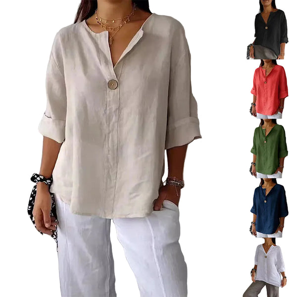 Women's V-Neck Long Sleeve Button Top | Loose Fit Cotton Linen Pullover Blouse