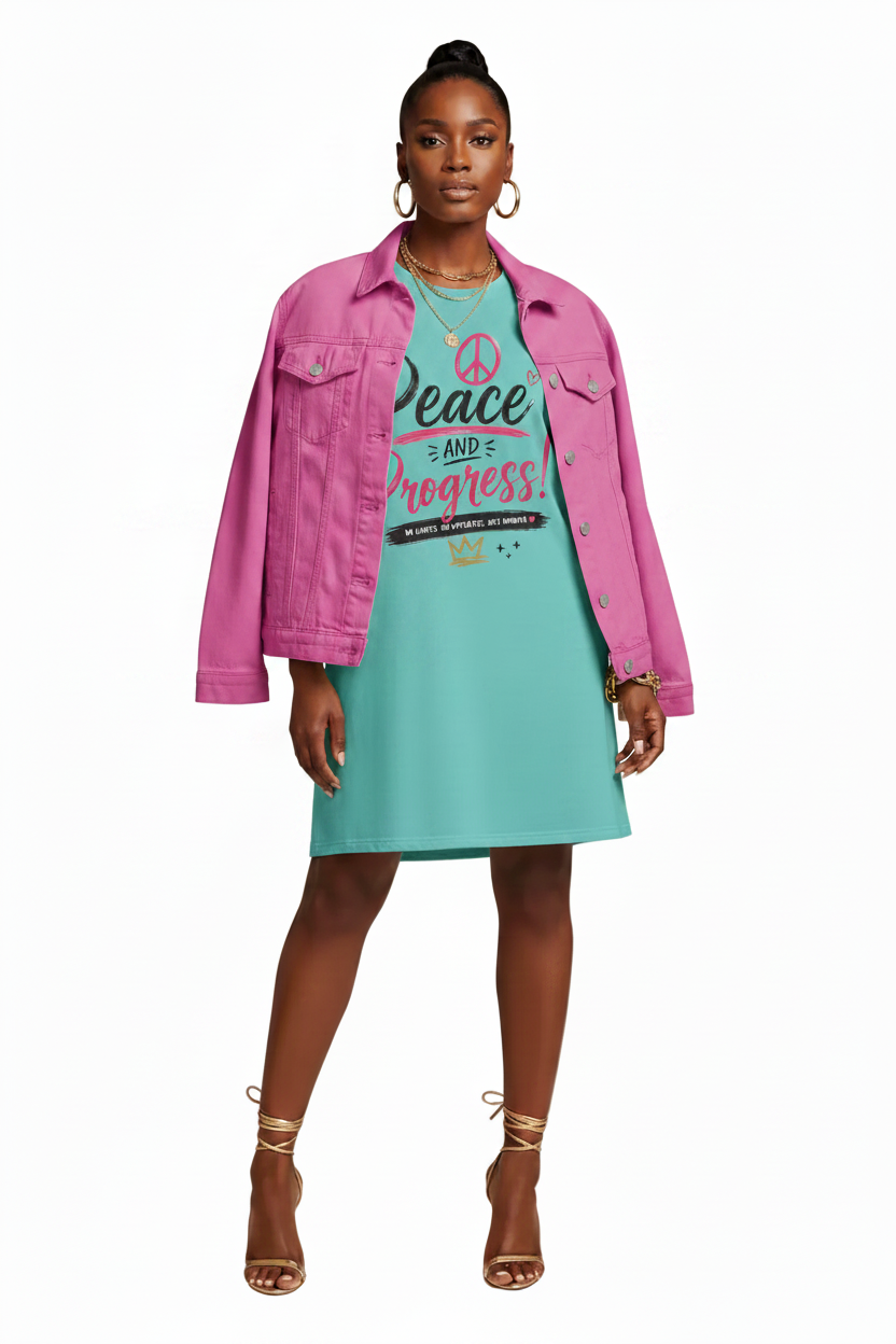 Peace and Progress Dress with Magenta-Matched Jean Jacket