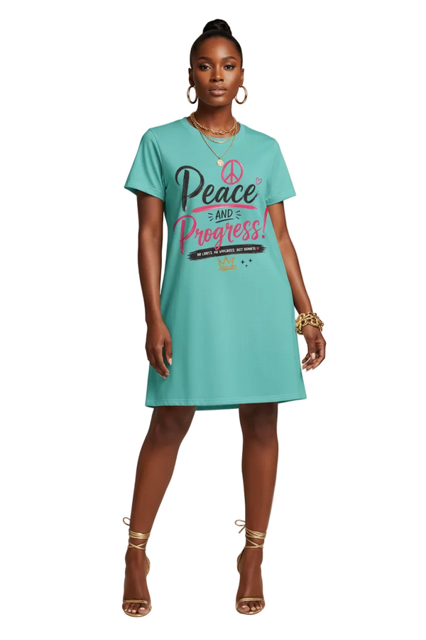 Peace and Progress T‑Shirt Dress – Retro Peace Sign Graphic