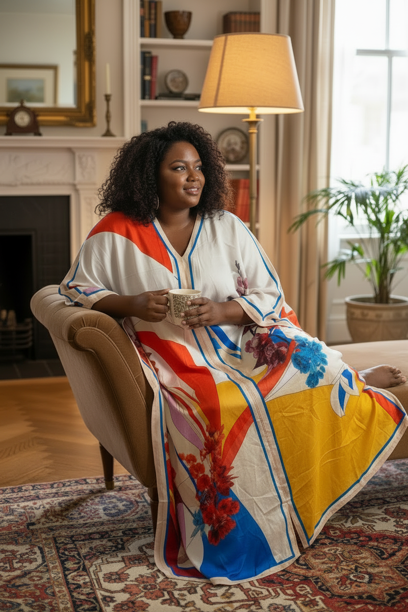 Plus-size Black woman in fully smooth floral kaftan at home