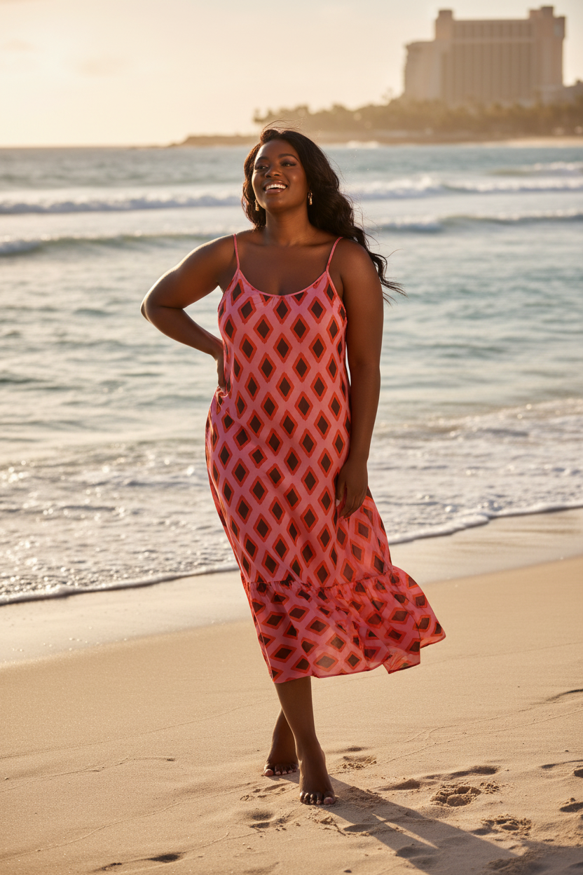 Plus Size Black Woman in Red Diamond Dress at the Beach