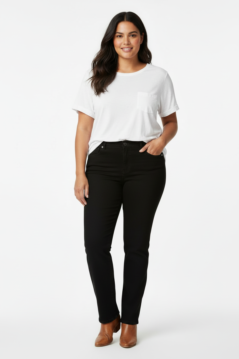 Plus Size Model in Black Straight Leg Jeans