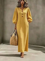 Women's Puff Sleeve V-Neck Maxi Dress | A-Line Button Detail thumbnail 2