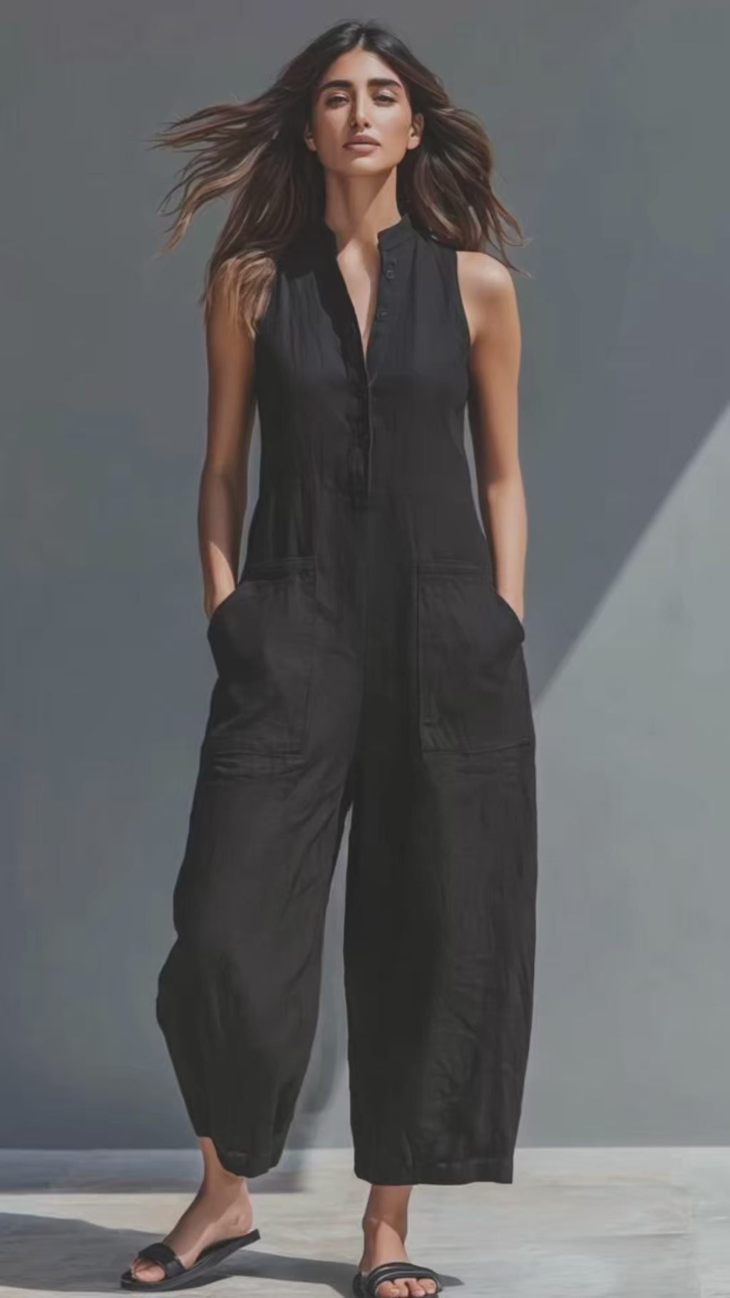 Summer Sleeveless V-Neck Jumpsuit with Pockets — Wide Leg Casual Romper