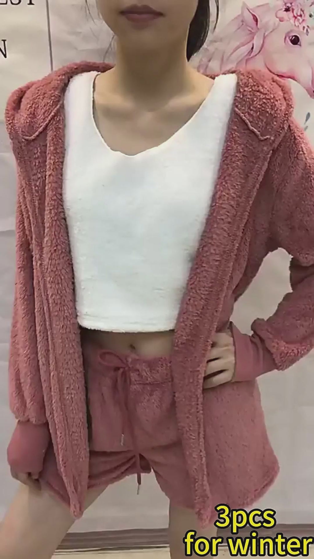 3pcs Womens Clothing Long Sleeve Crop Tank Top And Drawstring Shorts Pajama Set