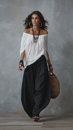 Off-Shoulder Loose Fit Casual Two Piece Outfit with Flare Pants thumbnail 2