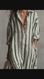 Striped Print Dress Split Collar Short Sleeve Long Dresses Fashion Women's Clothing