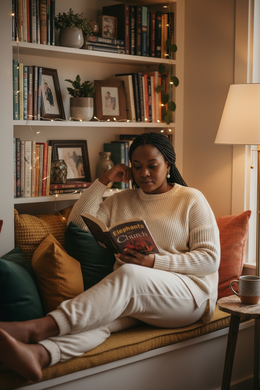 Relaxed Black Woman Laying in Reading Nook