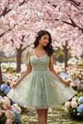 Sage Green Embroidered Tulle Dress - No Text