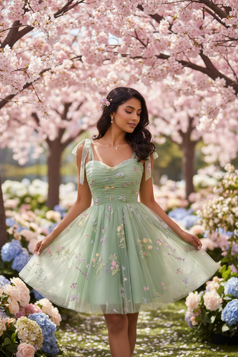 Sage Green Embroidered Tulle Dress - No Text