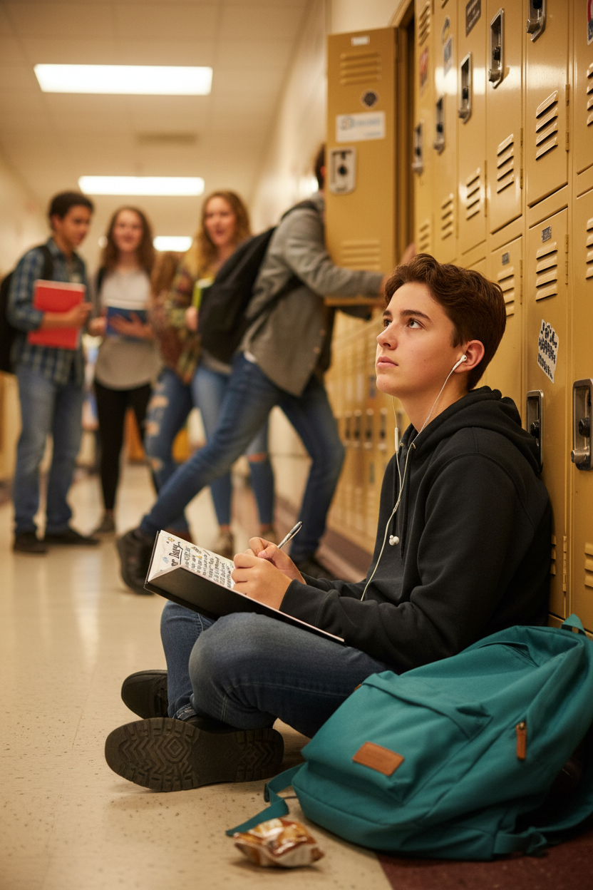 Student Writing in Journal by Locker