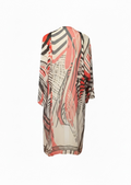 TE&A Treasures abstract print kimono duster cardigan in coral, black, and cream. Lightweight, flowing fabric with an open front.