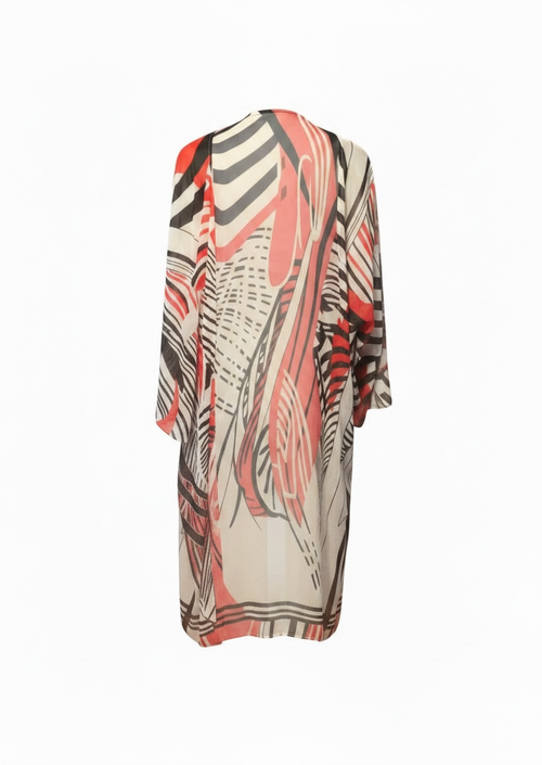 TE&A Treasures abstract print kimono duster cardigan in coral, black, and cream. Lightweight, flowing fabric with an open front.