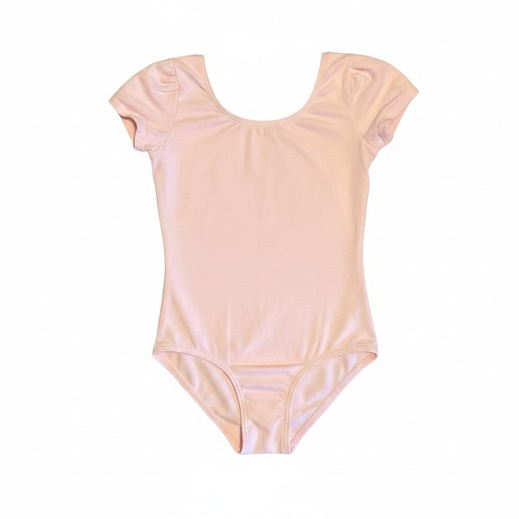 TE&A Treasures ballet pink short sleeve leotard for children with a classic scoop neckline and stretchy fabric.
