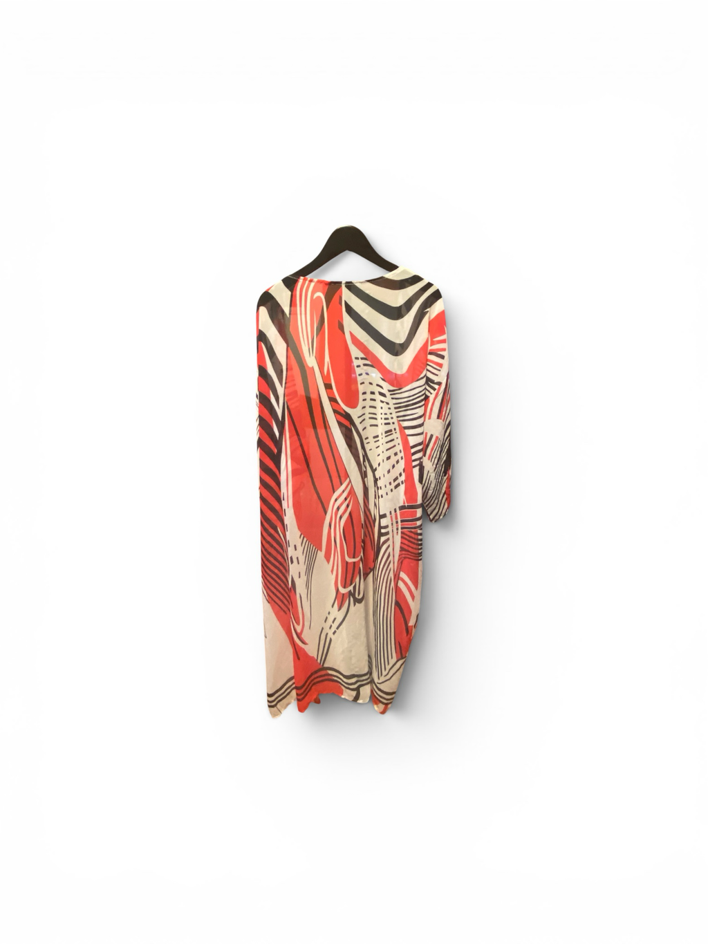 TE&A Treasures abstract print kimono duster cardigan in coral, black, and cream. Lightweight, flowing fabric with an open front.
